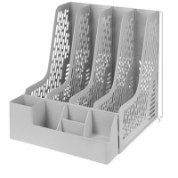 文件架 办公桌面收纳多层 带笔筒四栏灰色