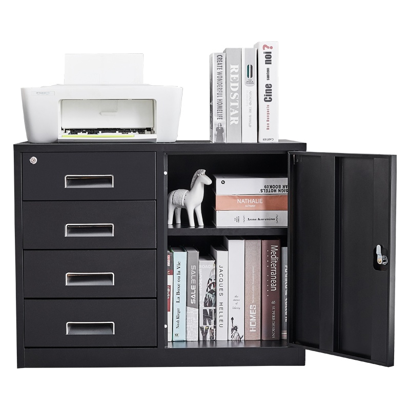 永格办公文件柜黑色钢制铁皮柜资料抽屉储物柜收纳小柜子带锁档案柜矮柜