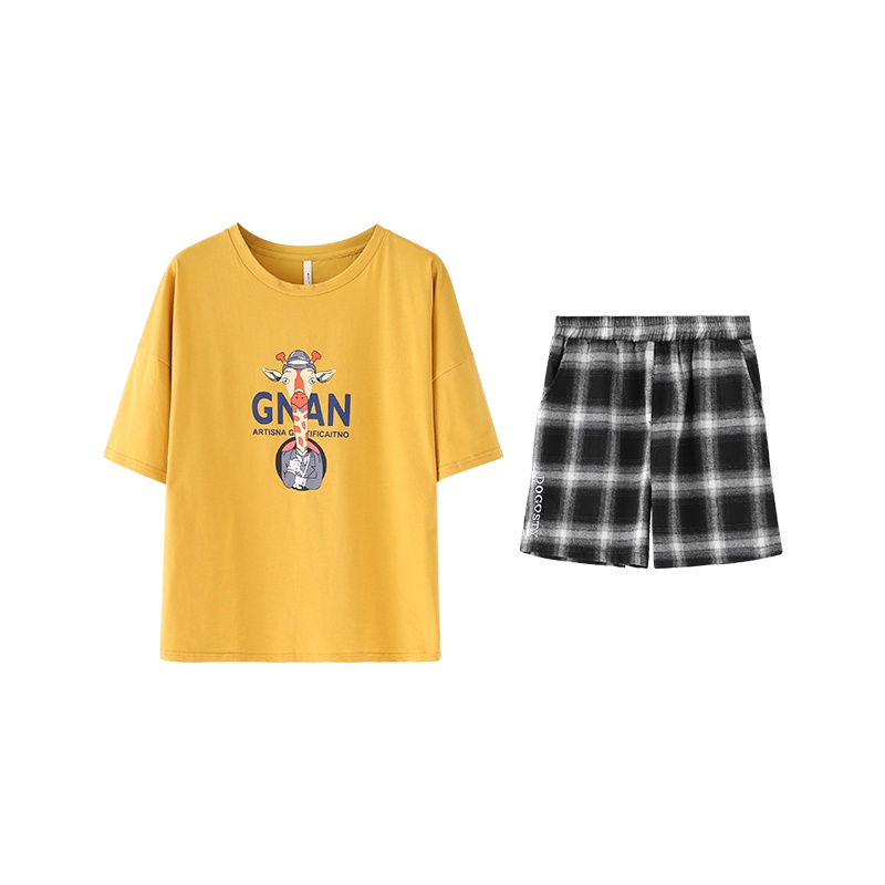 安之伴夏季棉质情侣睡衣女卡通可爱短袖宽松格子短裤男青年家居服