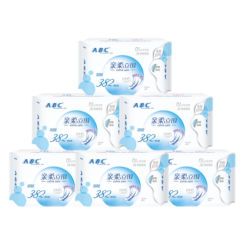 ABC卫生巾夜用甜睡系列 亲柔立围轻透薄棉柔382mm*3片*6包