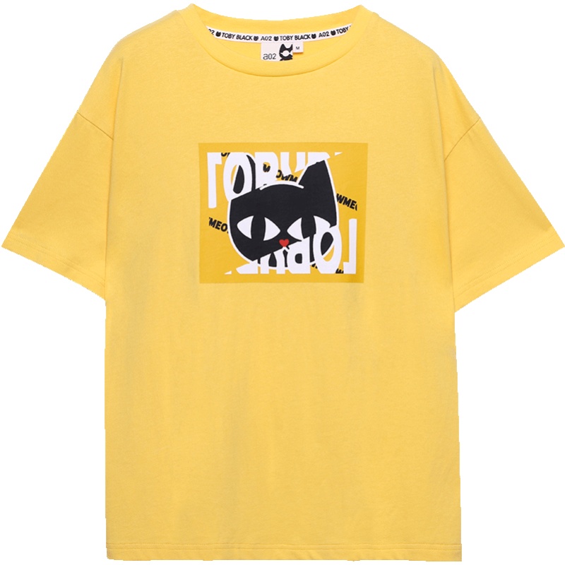 a02新款2020时尚少女减龄小黑印花宽松短袖T恤女潮夏DTV2D1391KT