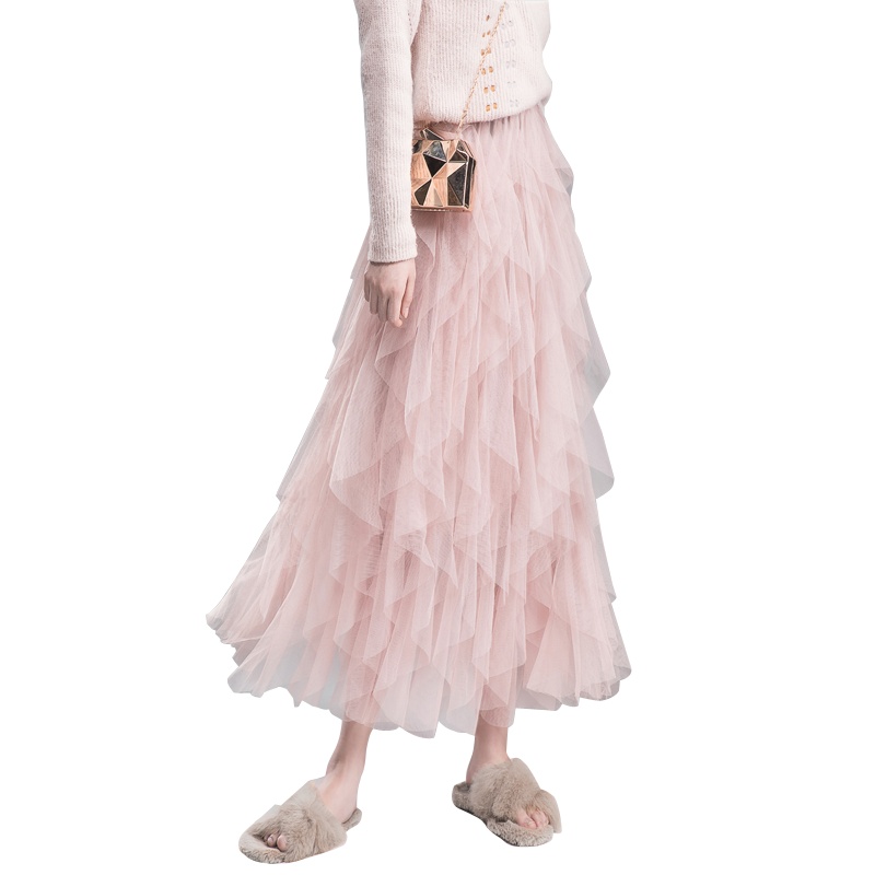 丝柏舍秋装女2019纯色淑女收腰网纱中长款半身裙S83T4224B