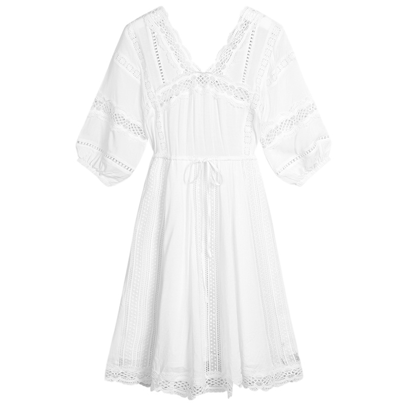 拉夏贝尔半袖连衣裙女新款中长款蕾丝修身V领五分袖灯笼袖裙子仙