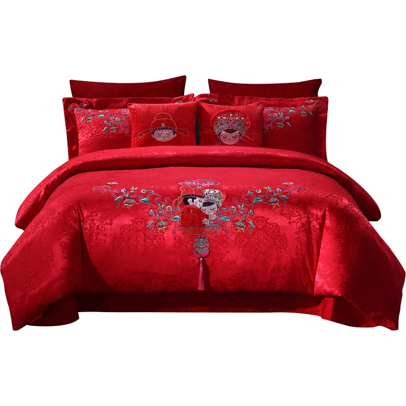梦洁美颂 梦洁(MENDALE)家纺 提花绣花婚庆四件套 双人床单被罩床上用品 结婚啦1.5m1.8m套件