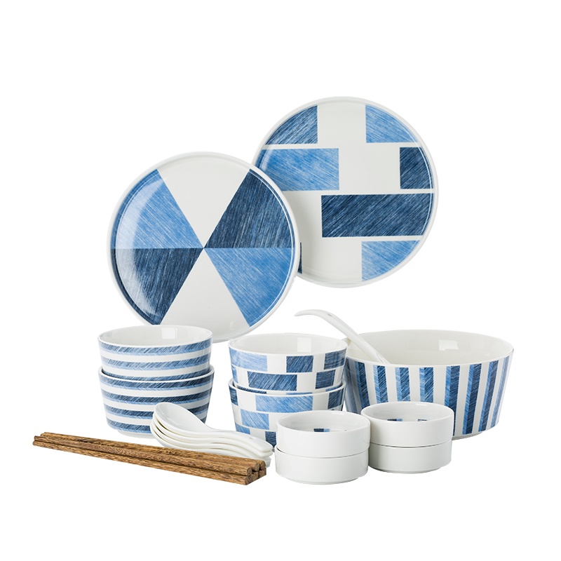 富昱景 碗盘套装 北欧牛仔蓝家用简约陶瓷餐具碗碟情侣创意碗 平盘牛排西餐盘