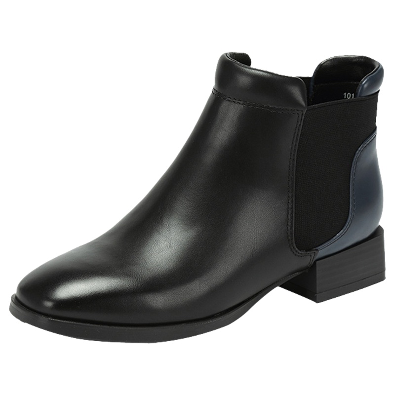 达芙妮冬新款撞色平底方头切尔西短靴女方跟低跟鞋