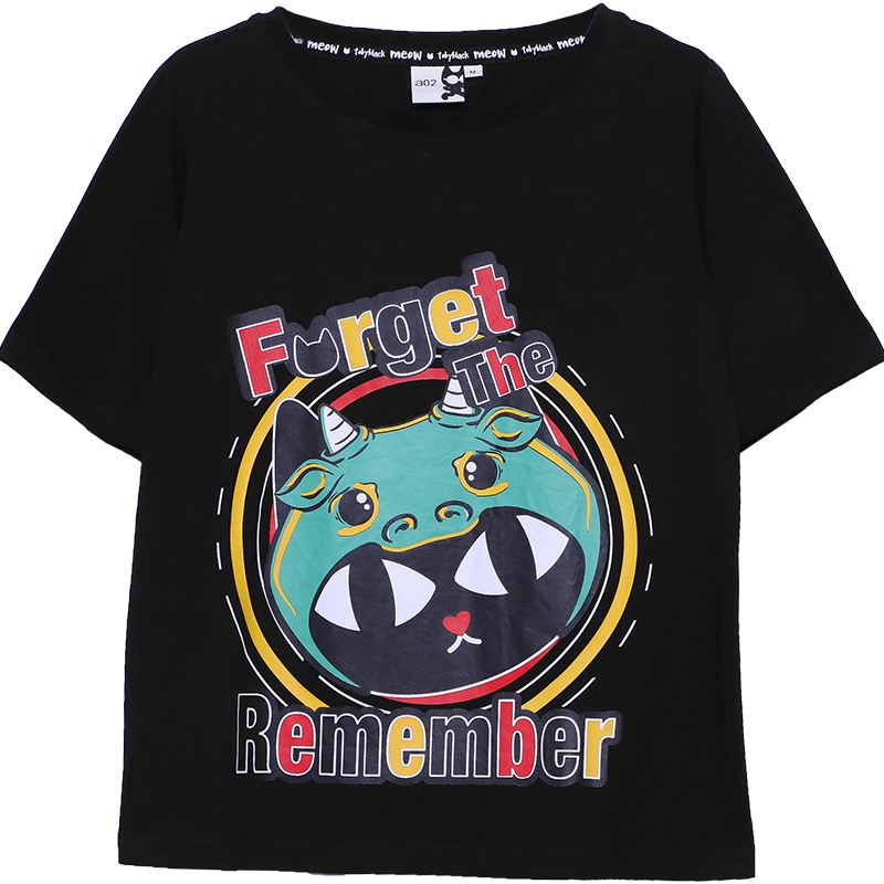 a02新款2020减龄萌趣小黑印花圆领短袖宽松T恤女DTU1B0101KT