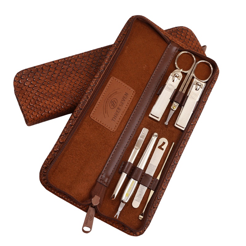 韩国777(THREE SEVEN)指甲刀套装家用斜口指甲钳指甲剪修甲美甲工具鼻毛剪7件套 棕色