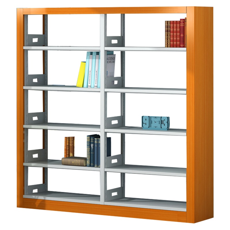 三圣 办公家具钢制书架学校图书馆阅览室资料架单面展示架带木护书架书柜置物架一列两组