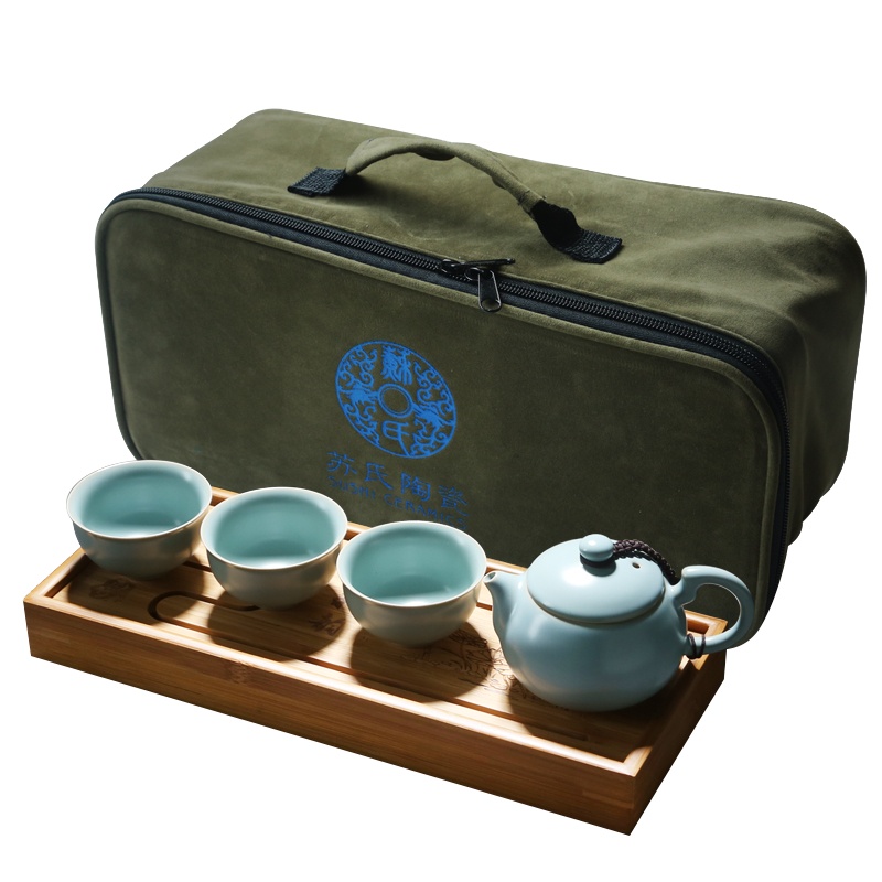 苏氏陶瓷 SUSHI CERAMICS 汝窑茶具巧把西施茶壶开片可养金线一壶三茶杯旅行功夫茶具套装送竹木茶盘