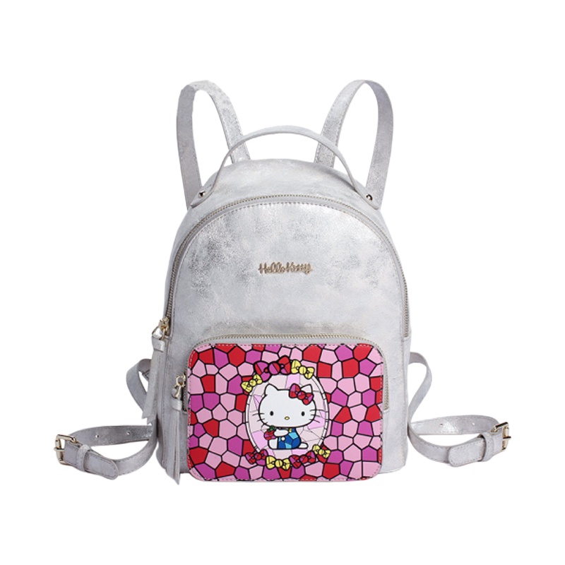 Hello Kitty凯蒂猫 拼色图案装饰女士双肩包 白色