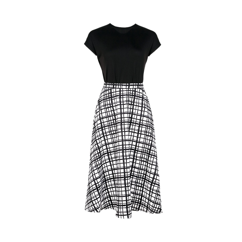 晚白2020夏季新品两件套圆领短袖T恤衫复古格子A字半身裙套装女