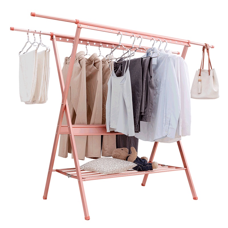 欧润哲 晾衣架 铝制x型折叠落地伸缩晒衣架加厚阳台晒被架室外晾晒架 玫瑰金色 2米