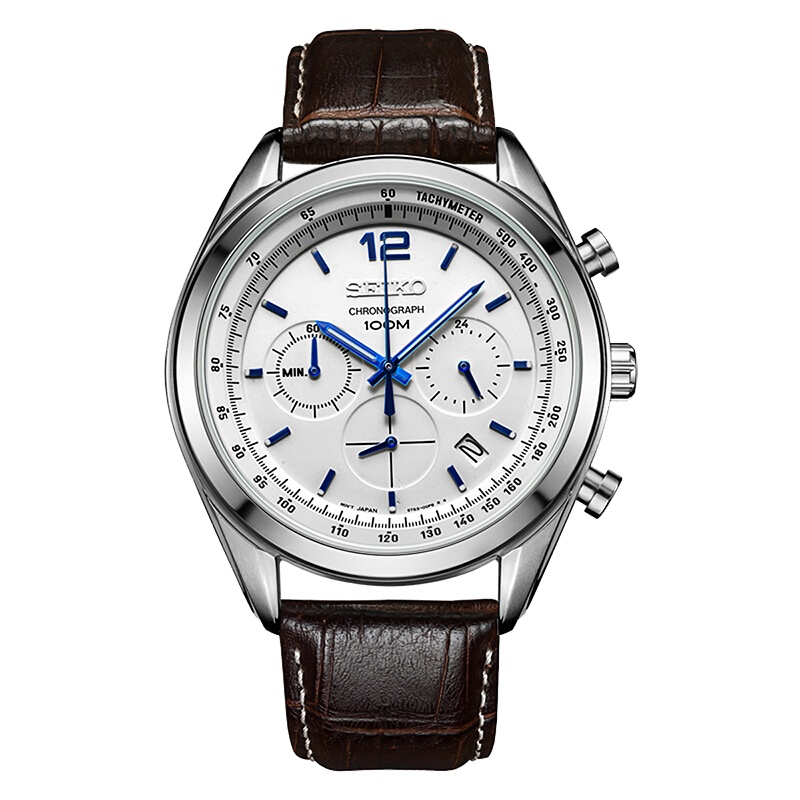 SEIKO精工手表男士皮带石英表 休闲手表 三眼计时表盘 SSB095P1