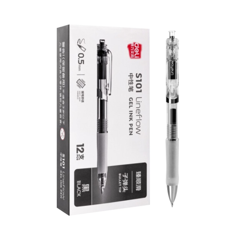 得力 S101按动中性笔无印风签字笔 学生办公笔 ins冷淡风 0.5mm子弹头 12支/盒(120支) 黑色