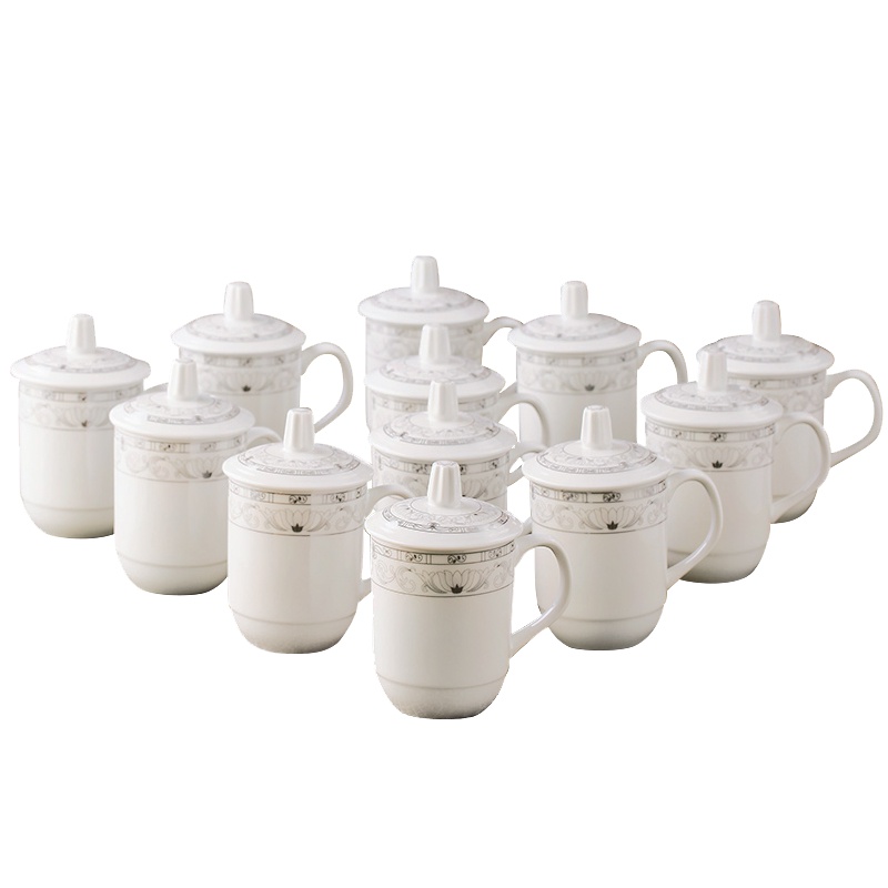 乐享 陶瓷茶具套装12只装带盖开会杯子商务会议办公水杯套装青莲