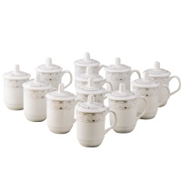 乐享 陶瓷茶具套装12只装带盖开会杯子商务会议办公水杯套装青莲