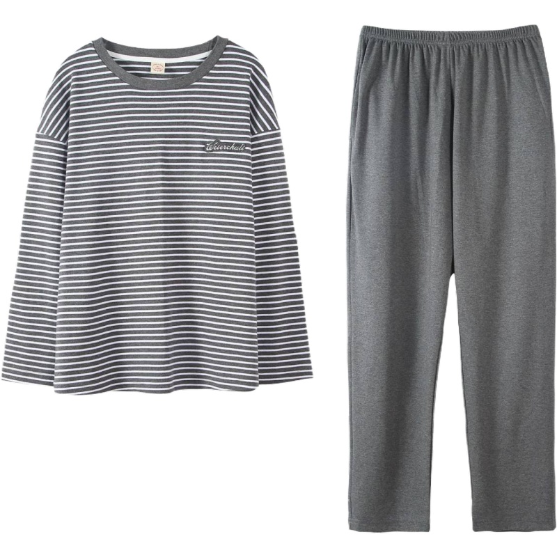 俞兆林春秋季情侣纯棉睡衣简约条纹长款女士套头家居服男睡衣休闲可外穿两套情侣装