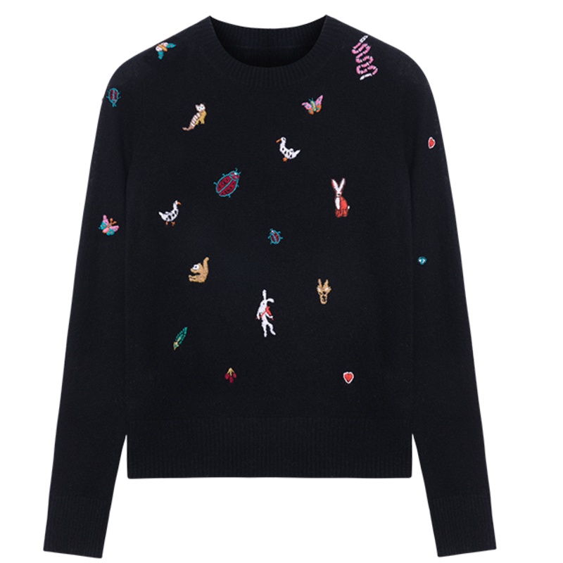 ERDOS 新款动物手绣装饰女圆领羊绒衫针织衫修身百搭