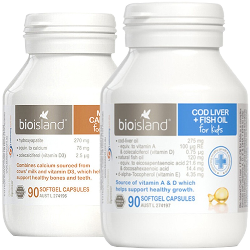 2件装｜Bio Island佰澳朗德婴幼儿液体乳钙90粒/瓶+鳕鱼肝油鱼油90粒/瓶组合装黄金搭档补钙关键看吸收澳洲进口