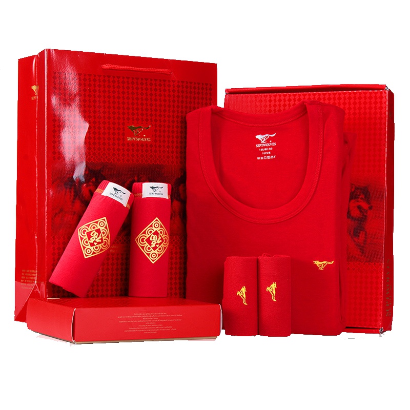 七匹狼(SEPTWOLVES) 本命年男士保暖内衣套装六件套 大红纯棉 结婚礼物 爸爸保暧 红内裤红袜子
