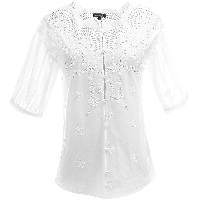 欧昵雪夏季波浪领五分袖宽松镂空小衫女设计感纯棉上衣