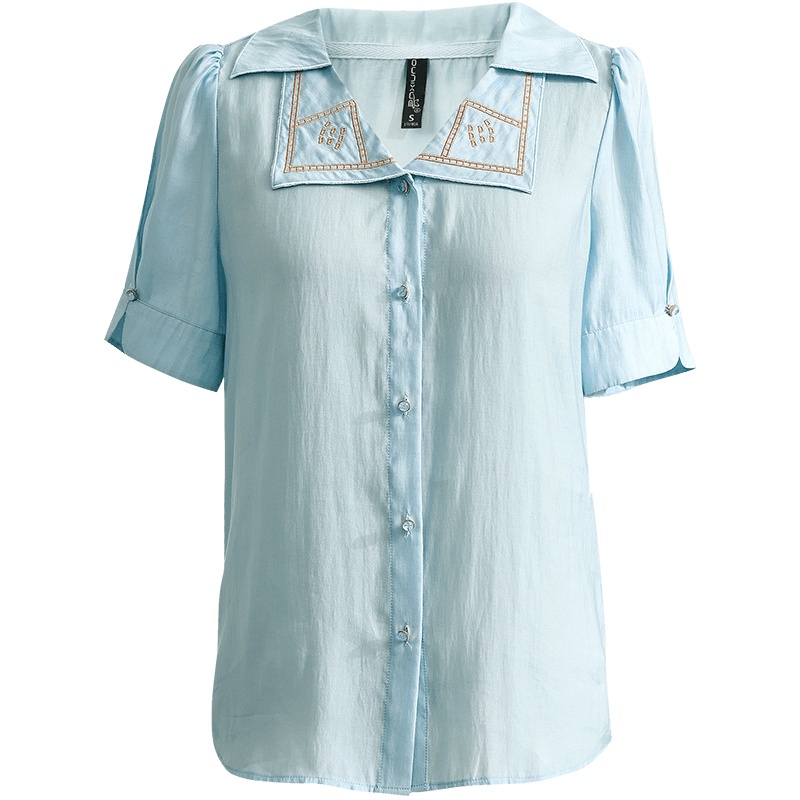 欧昵雪夏季绣花翻领显瘦天丝衬衫女泡泡袖甜美小衫上衣