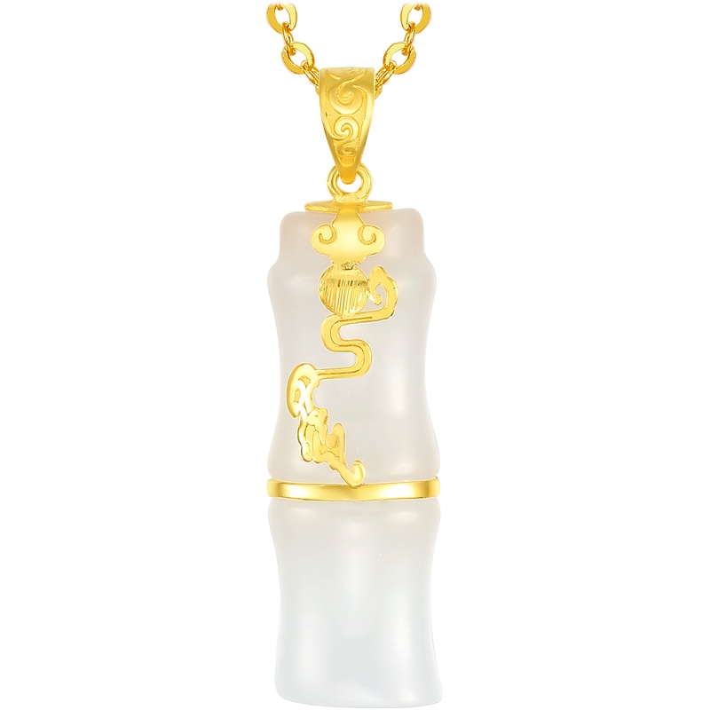 周大生金镶玉吊坠 新款时尚黄金足金镶竹型和田玉吊坠 送女友礼物