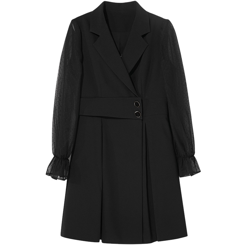 三彩2021春季新款网纱拼接西装裙高腰黑色显瘦胖mm连衣裙女装大码