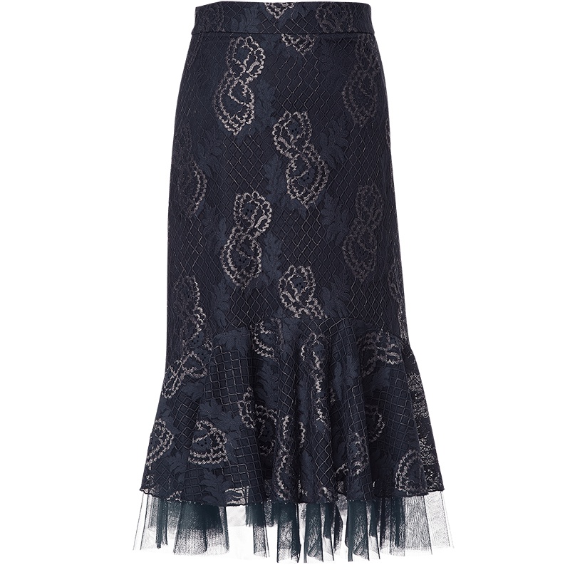 欧昵雪夏季纱拼接荷叶边包臀中裙女高腰蕾丝鱼尾半身裙