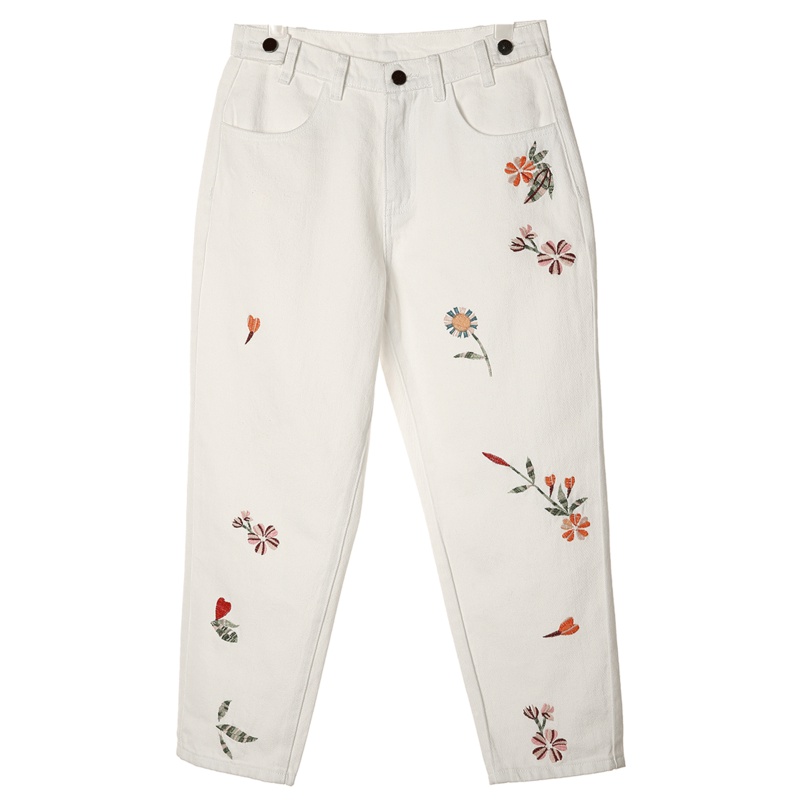 裂帛直筒小脚牛仔裤新款花枝刺绣白色显瘦棉百搭七分裤