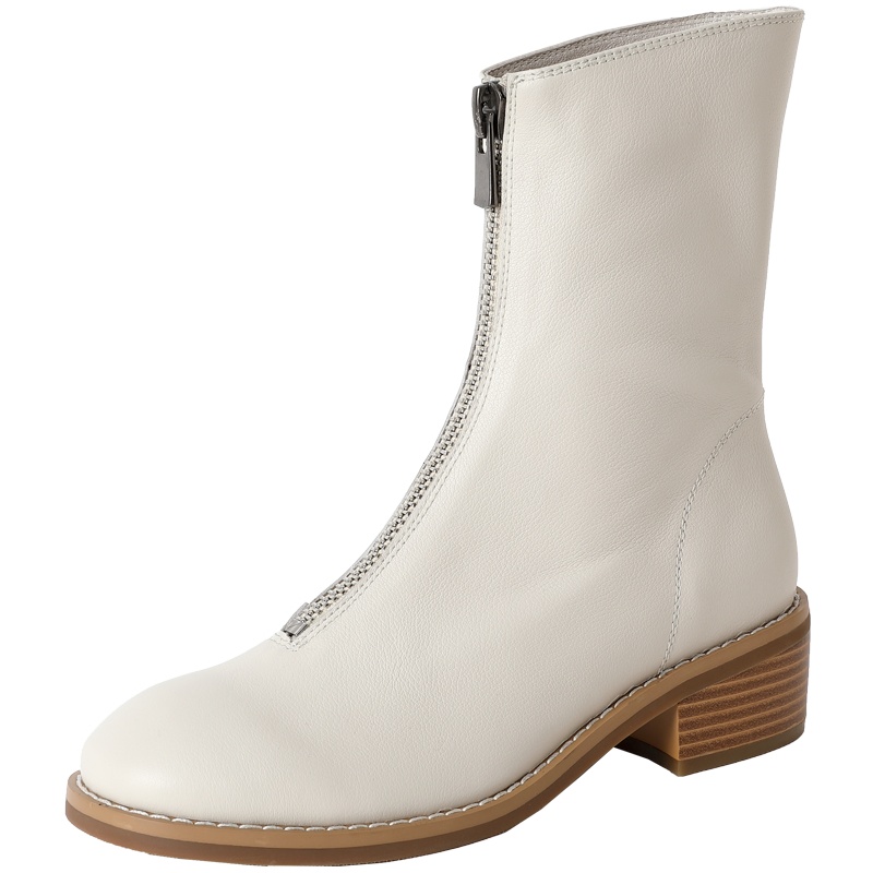 百田森前拉链短靴网红瘦瘦靴女新款圆头粗跟头层牛皮鬼帝靴女