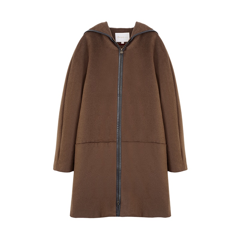 鄂尔多斯ERDOS 羊毛连帽中长款女式大衣