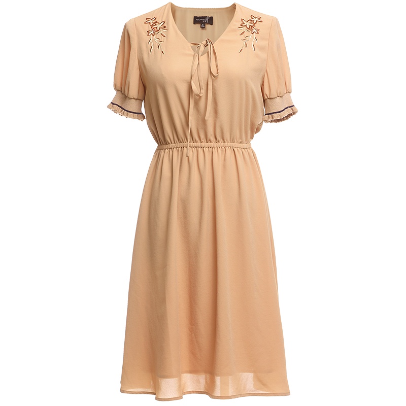 欧昵雪 夏蝴蝶结系带绣花松紧腰木耳边短袖雪纺连衣裙女X