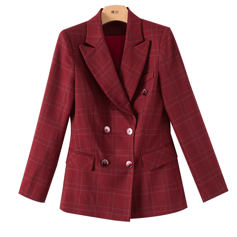 晚白2020秋冬新品英伦风格子修身显瘦百搭通勤职业休闲西装外套女