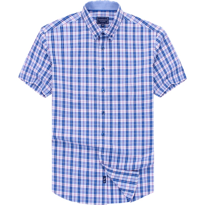 Youngor/雅戈尔夏季新品男士商务正装蓝色纯棉DP免烫短袖衬衫181FJY