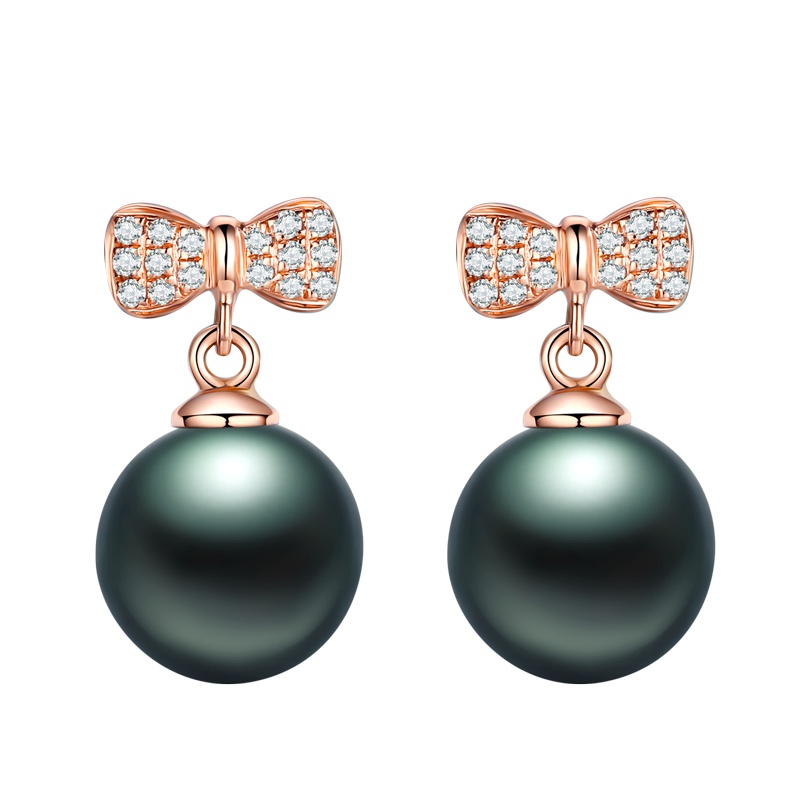 brir佰色传情正圆8-9mm蝴蝶结大溪地黑珍珠耳饰耳钉耳环女18K金钻石正品女