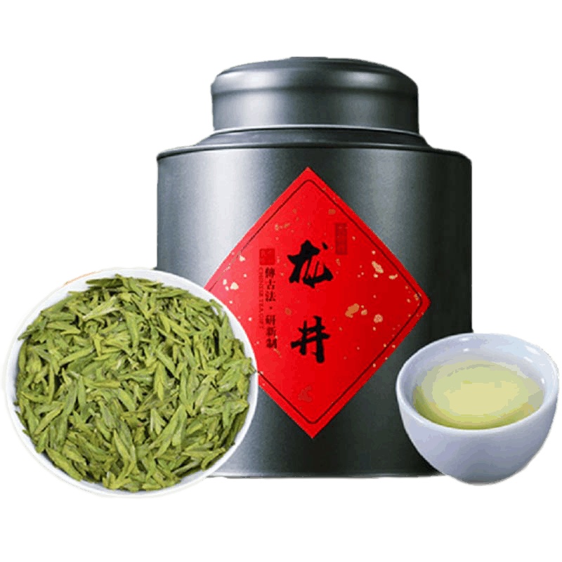 源御露 新春茶高山雨前龙井茶鲜芽嫩芽浓香型绿茶散装罐装龙井黑罐短米款 一罐500g