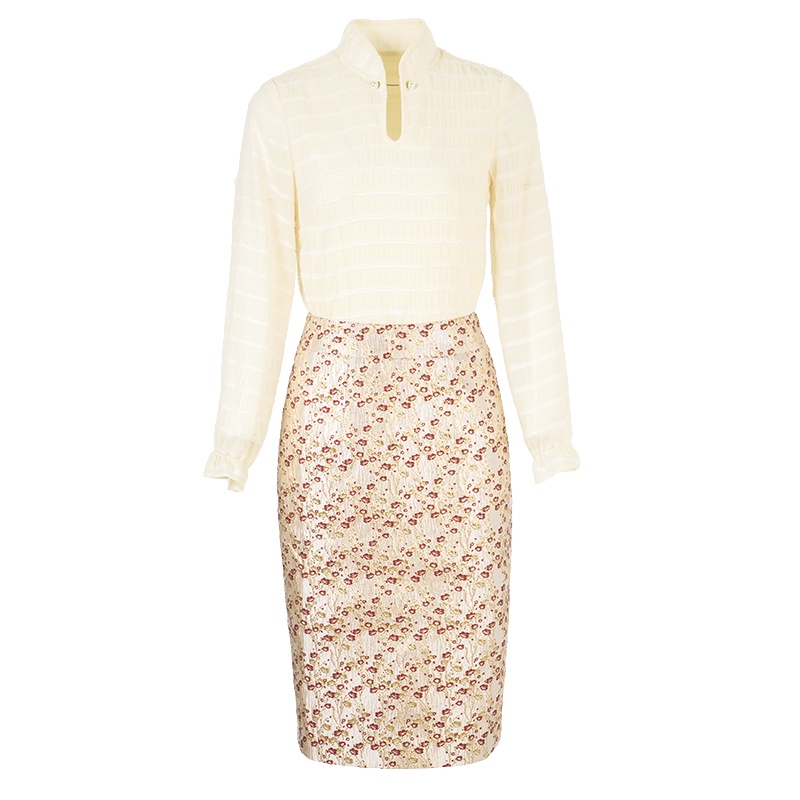 晚白2020冬季新品名媛小香风两件套打底衫印花包臀裙时尚套装女