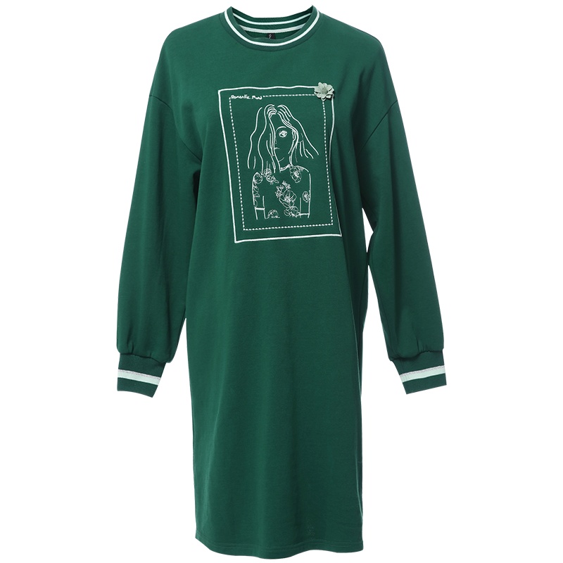 欧昵雪圆领人像绣花宽松显瘦中长款卫衣连衣裙女长袖