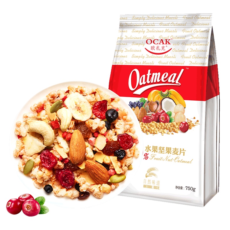 [日期新鲜]欧扎克750克50%水果坚果麦片即食袋装营养谷物早餐食品冲饮燕麦片