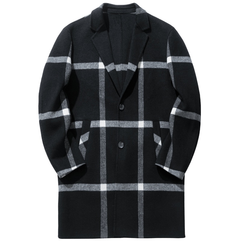 千纸鹤男装羊毛大衣2019冬季新款保暖格子双面毛呢子外套男69059