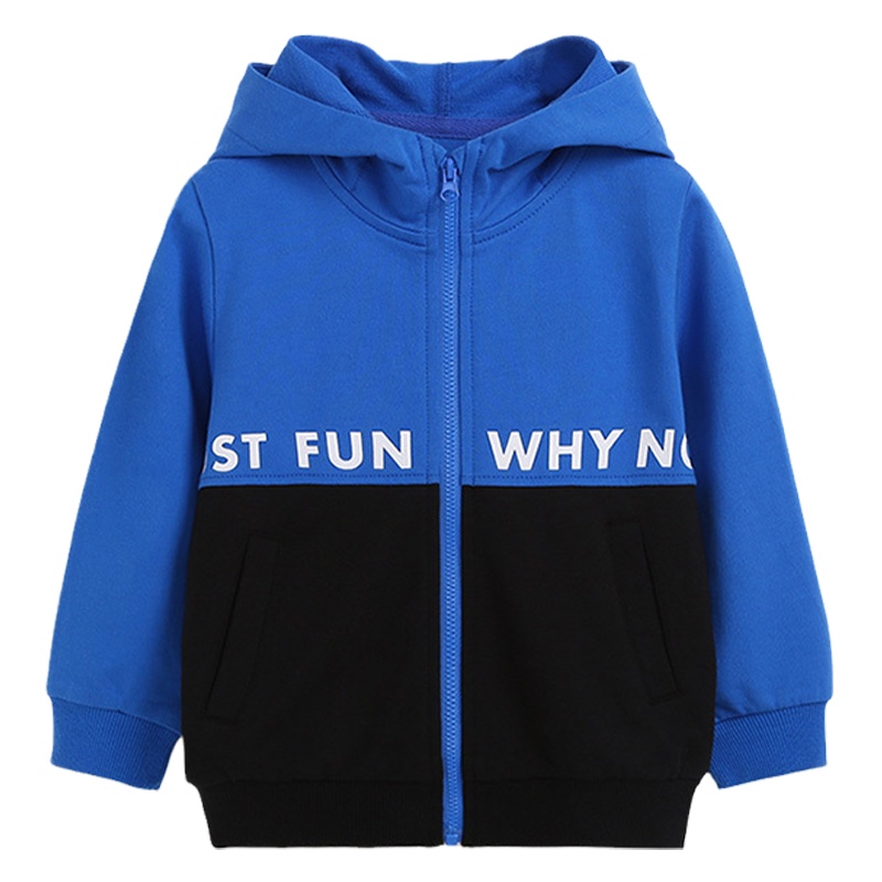 猫人新款儿童男长袖外套外出休闲拼色字母连帽拉链衫