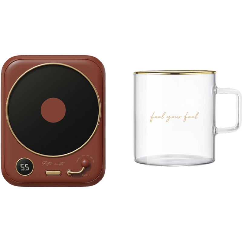 冇心liberfeel暖暖杯55度恒温杯垫加热水杯牛奶保暖家用自加热器USB保温碟保温垫-暗红加热杯垫+配套玻璃杯