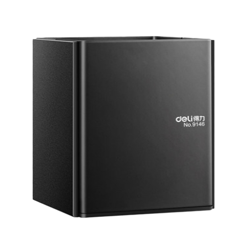 得力 CEO经典笔筒黑色金属大笔筒收纳学生商务办公方形创意高档