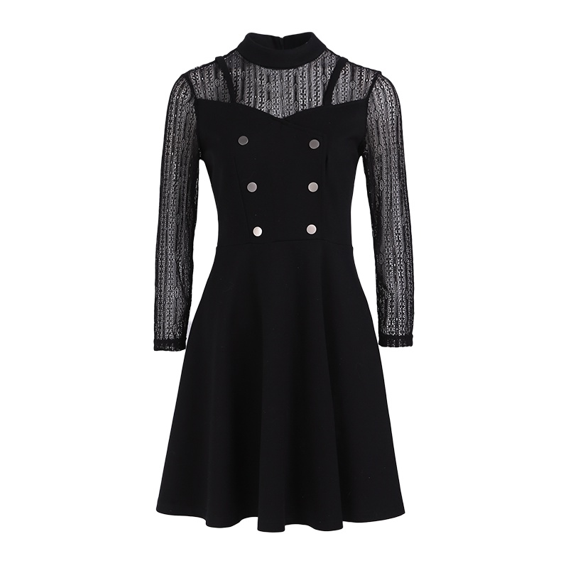 晚白2019秋季新品通勤气质优雅纯色修身A字裙假两件蕾丝连衣裙女