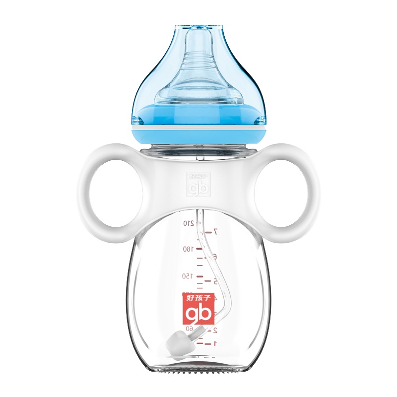gb好孩子新生婴儿玻璃奶瓶宝宝防胀气宽口径防摔小奶瓶 260ml 粉蓝(拥抱系列)