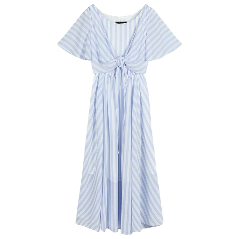 拉夏贝尔长裙女夏季新款蝴蝶袖中长款条纹小清新连衣裙高腰冷淡风裙子_954 S 条纹混色