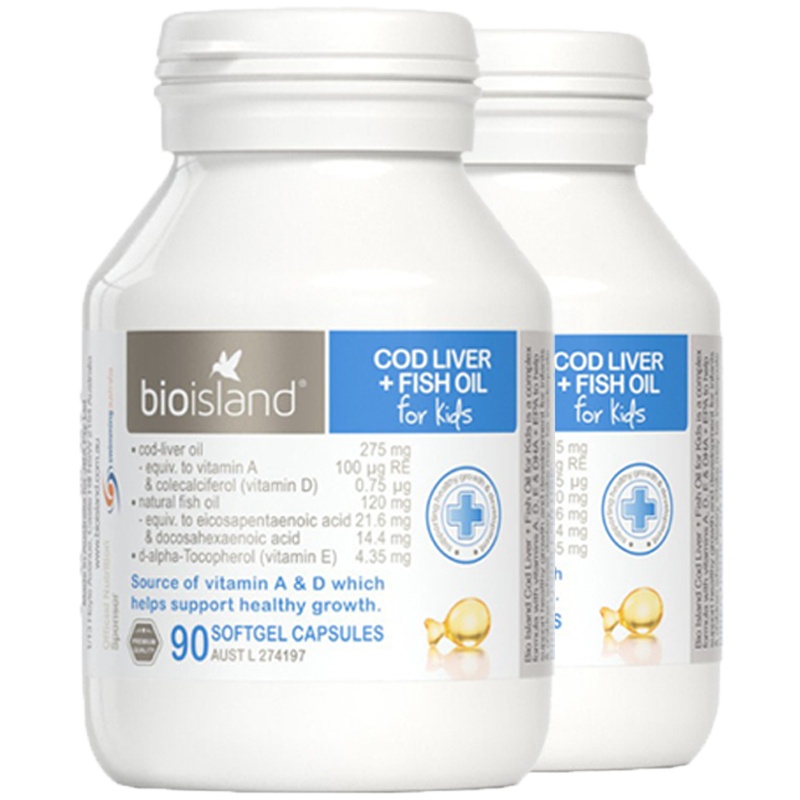 2件装|Bio Island佰澳朗德比奥岛孕妇婴幼儿宝宝儿童辅食鳕鱼肝油鱼油DHA90粒装 双效合一 脑眼齐补 澳洲进口