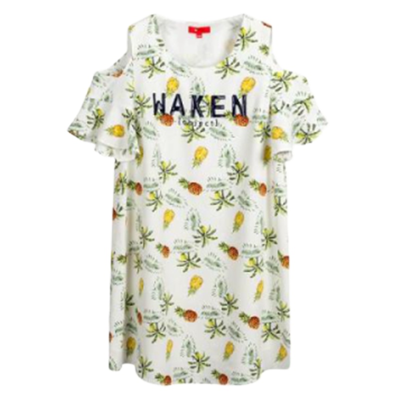 【专柜同款】拉夏贝尔旗下7M夏新款高腰荷叶边韩版字母露肩印花小清新连衣裙70010825